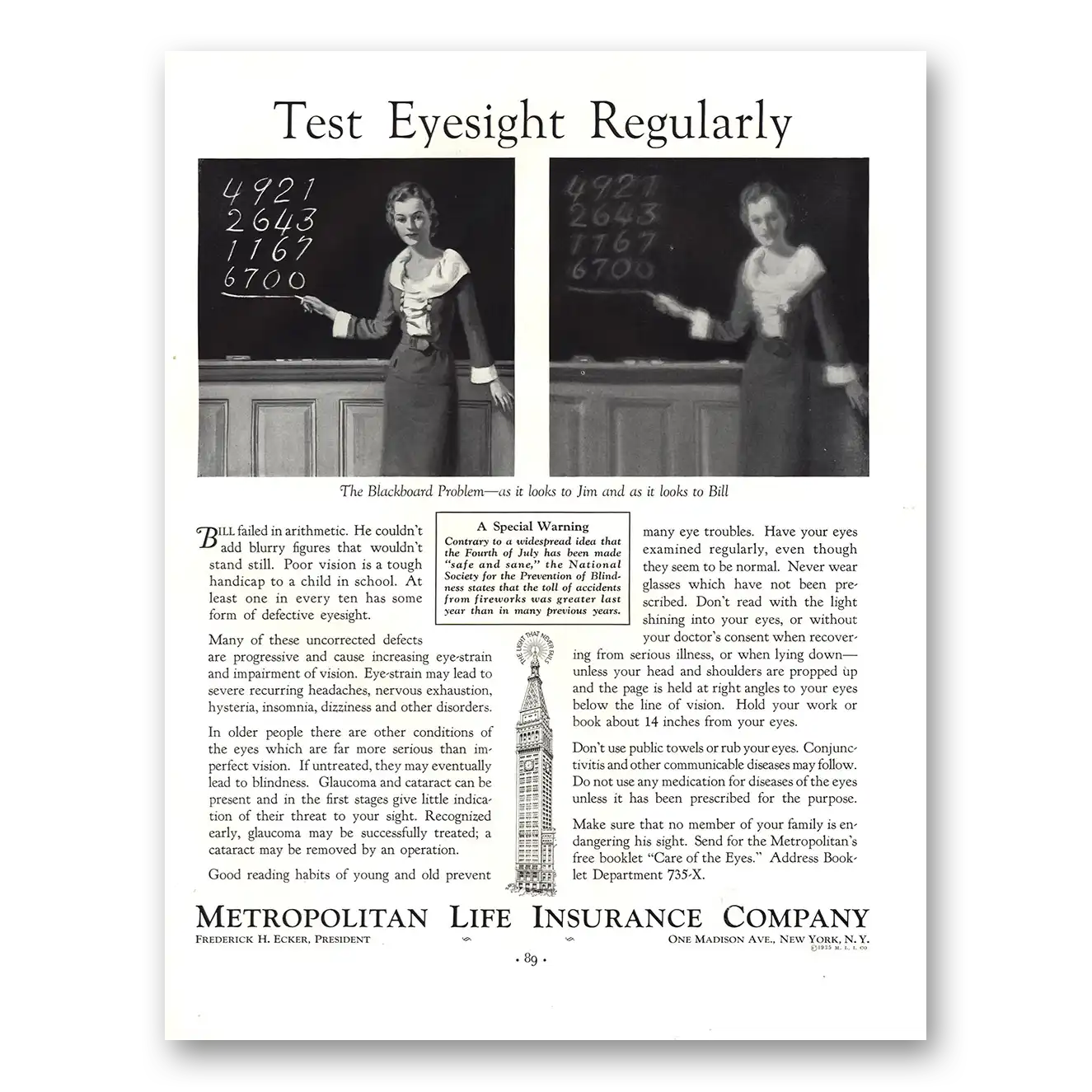 1935 Metropolitan Life Insurance Test Eyesight Regularly Vintage Magazine Print Ad