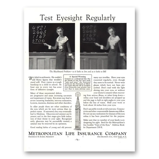 1935 Metropolitan Life Insurance Test Eyesight Regularly Vintage Magazine Print Ad