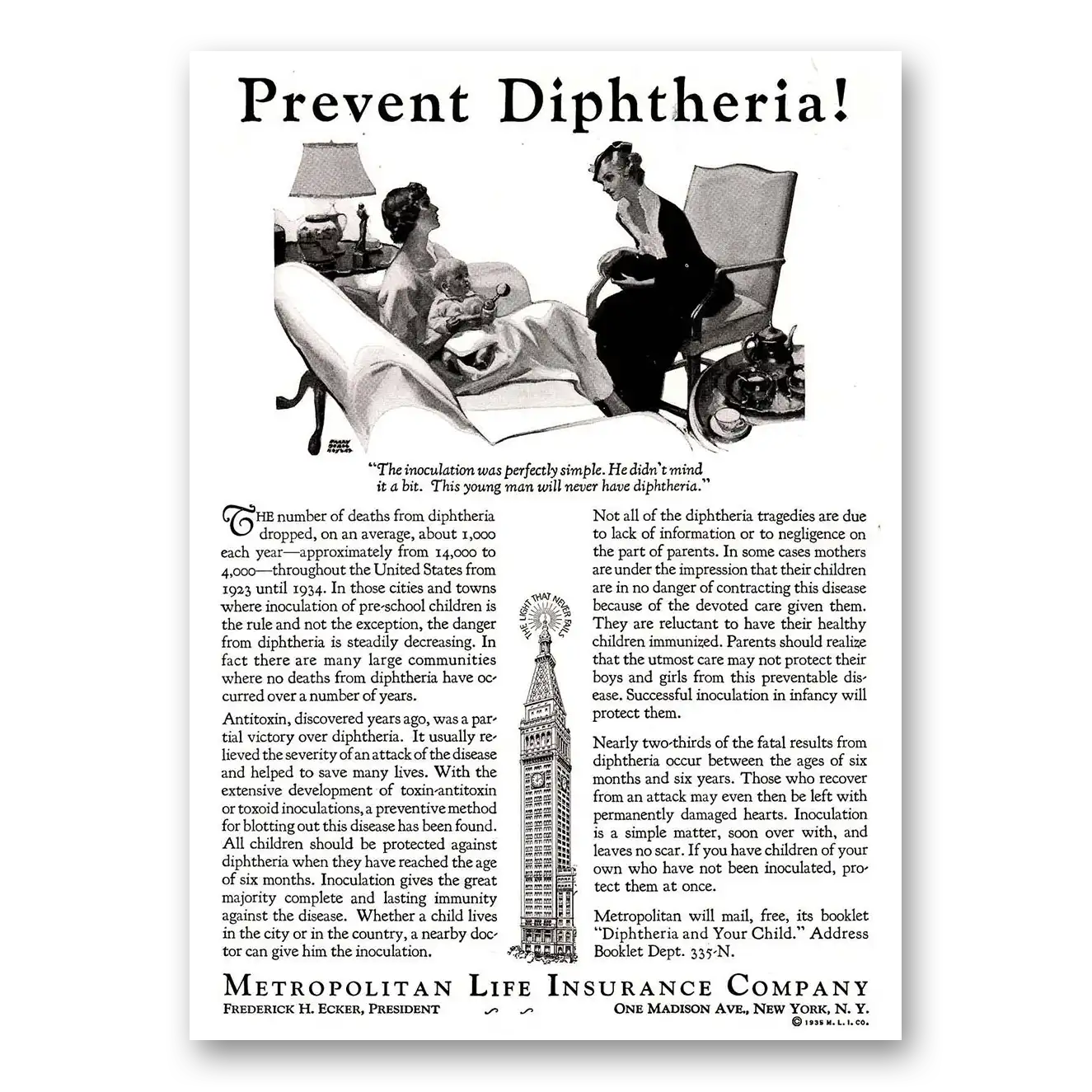 1935 Metropolitan Life Insurance Prevent Diphtheria Vintage Magazine Print Ad