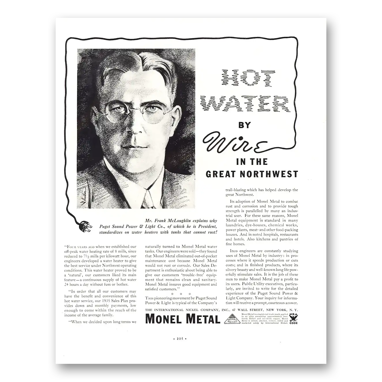 1935 Monel Metal Hot Water By Wire Great Northwest Vintage Magazine Print Ad