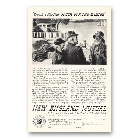 1935 New England Mutual Life Insurance We're Driving South for the Winter Vintage Magazine Print Ad