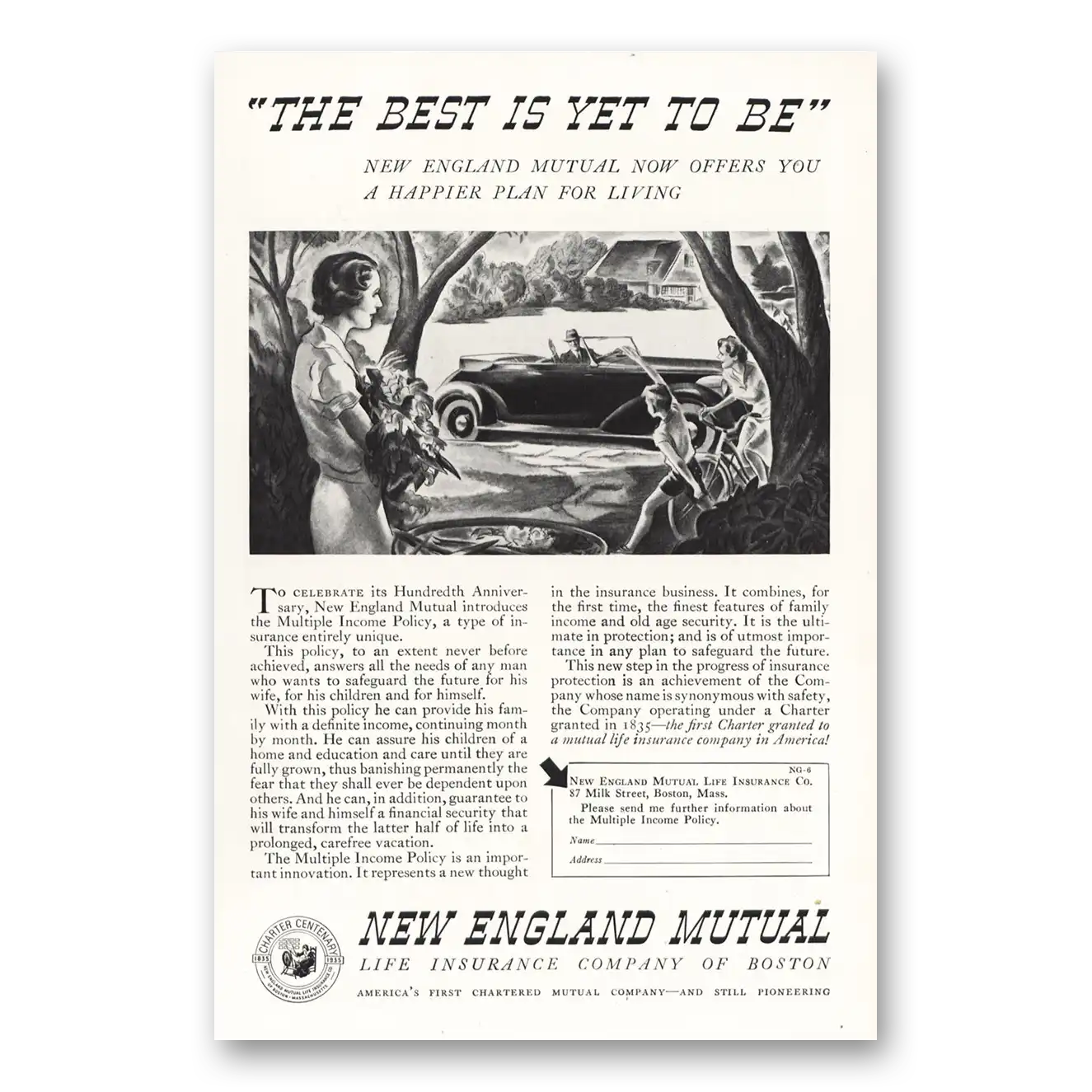 1935 New England Mutual Life Insurance Convertible The Best is Yet Vintage Magazine Print Ad