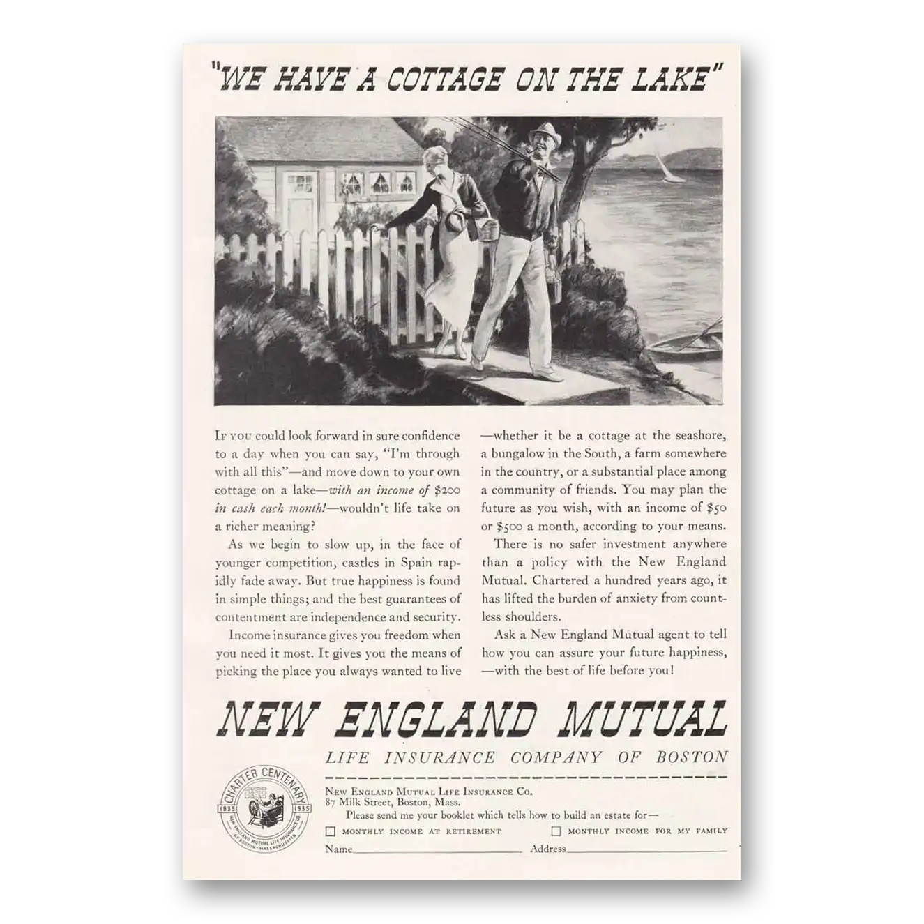 1935 New England Mutual Life Insurance Cottage on the Lake Vintage Magazine Print Ad