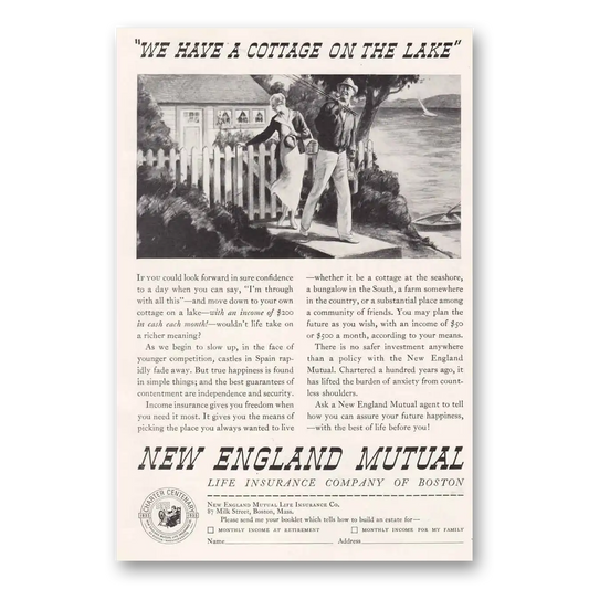 1935 New England Mutual Life Insurance Cottage on the Lake Vintage Magazine Print Ad