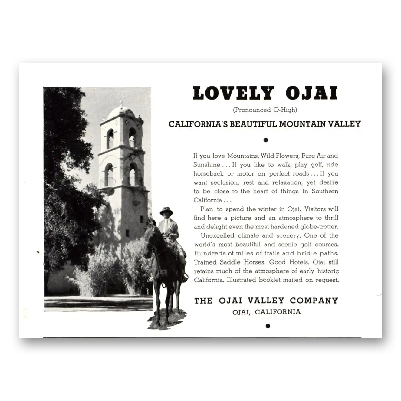 1935 Ojai Valley California Beautiful Mountain Valley Vintage Magazine Print Ad