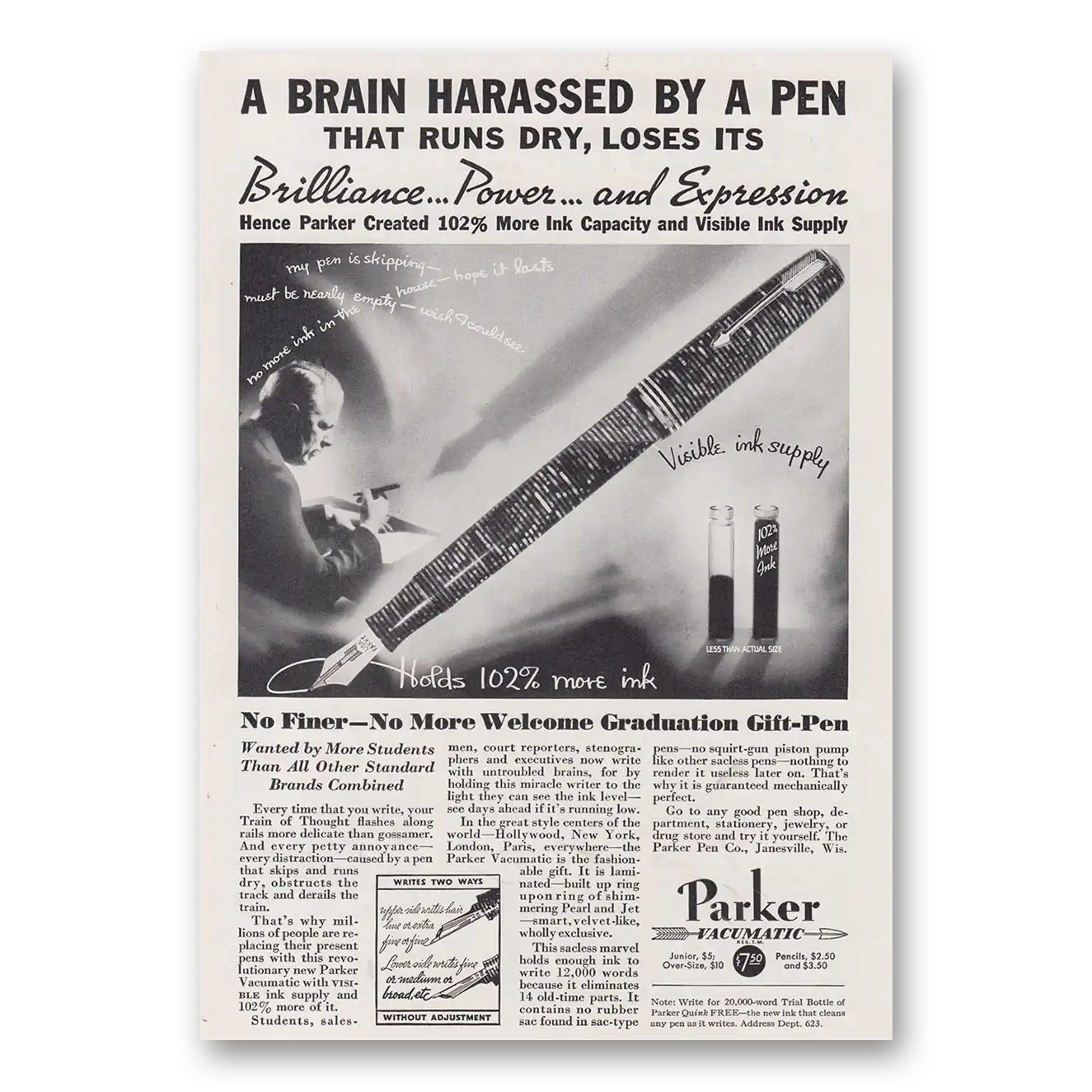 1935 Parker Vacumatic Pen Brain Harassed By a Pen Vintage Magazine Print Ad