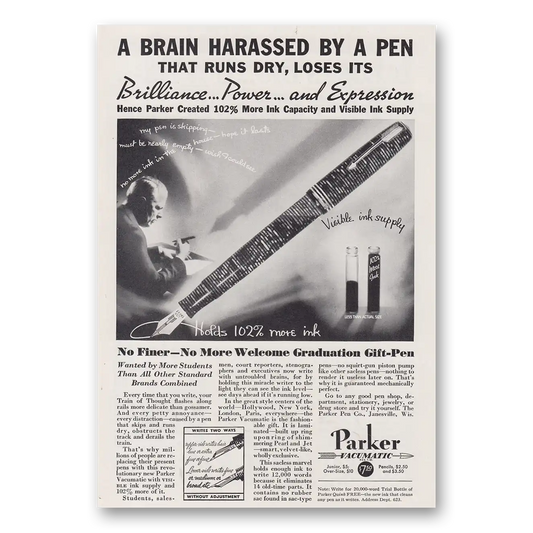 1935 Parker Vacumatic Pen Brain Harassed By a Pen Vintage Magazine Print Ad