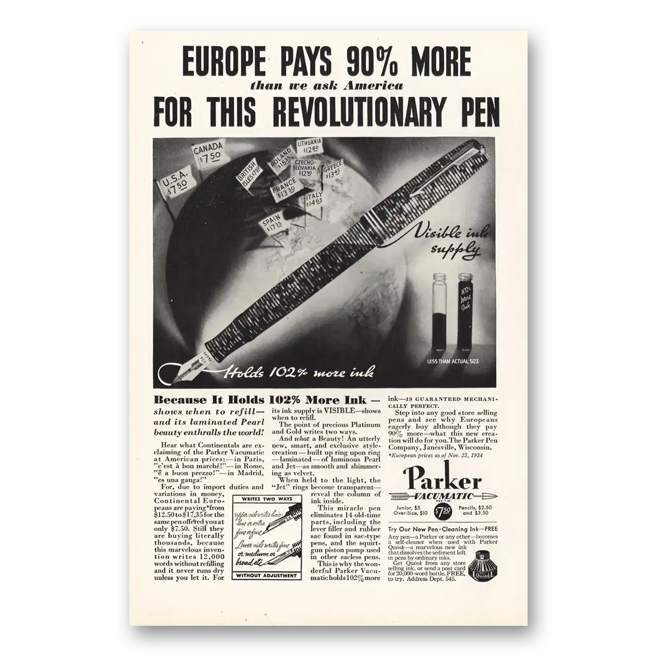 1935 Parker Vacumatic Pen Europe Pays More Revolutionary Vintage Magazine Print Ad