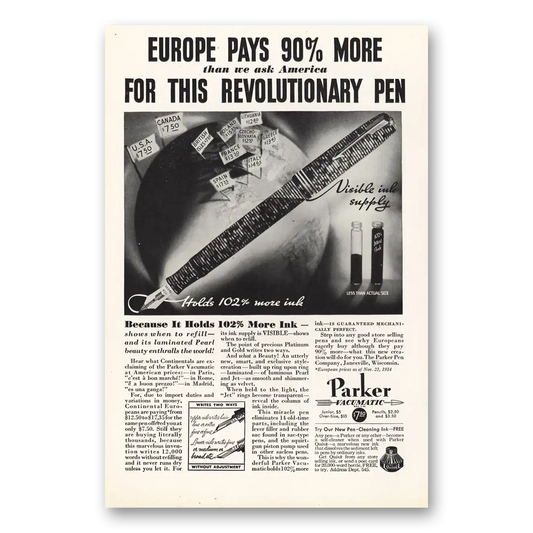 1935 Parker Vacumatic Pen Europe Pays More Revolutionary Vintage Magazine Print Ad