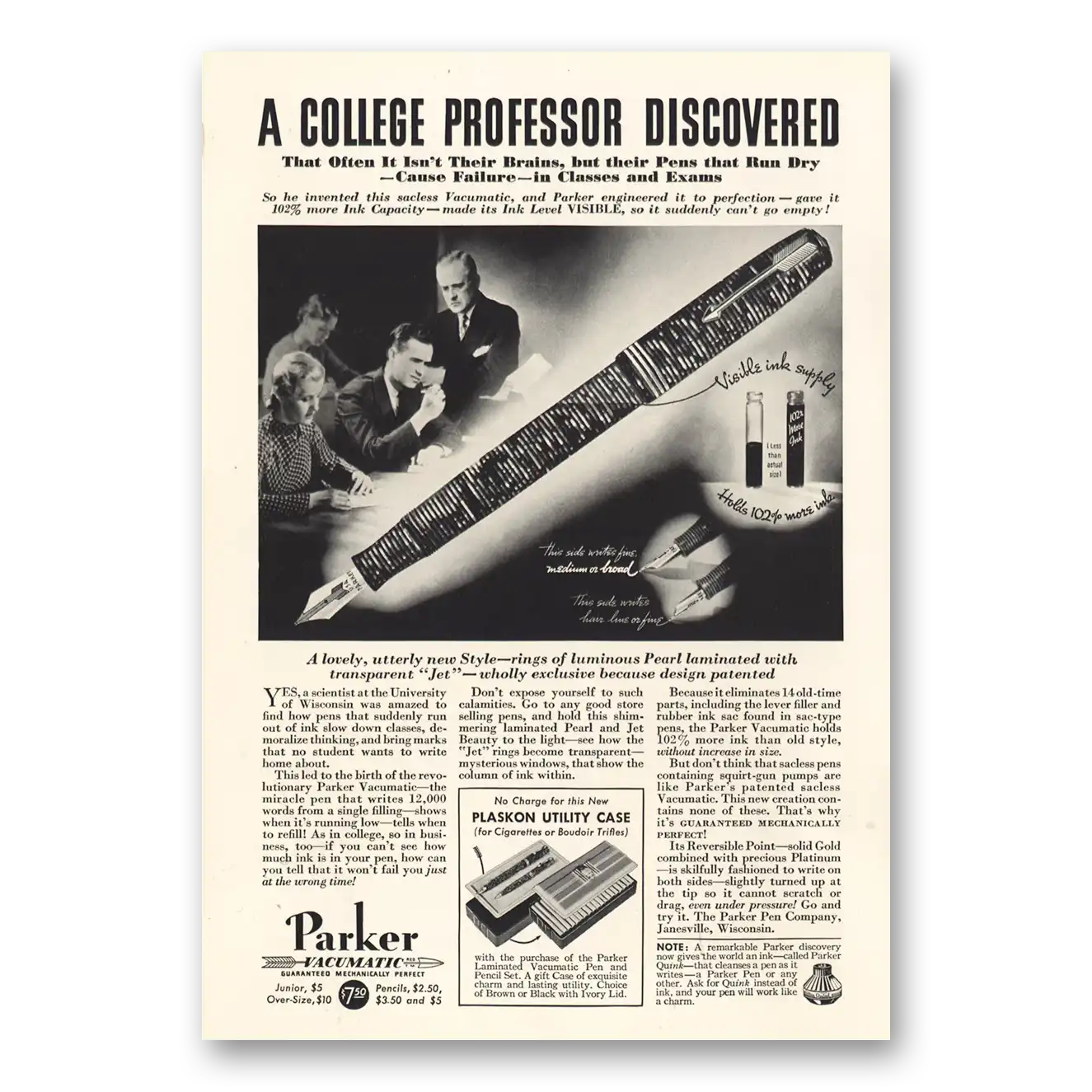 1935 Parker Vacumatic Pen College Professor Discovered Vintage Magazine Print Ad