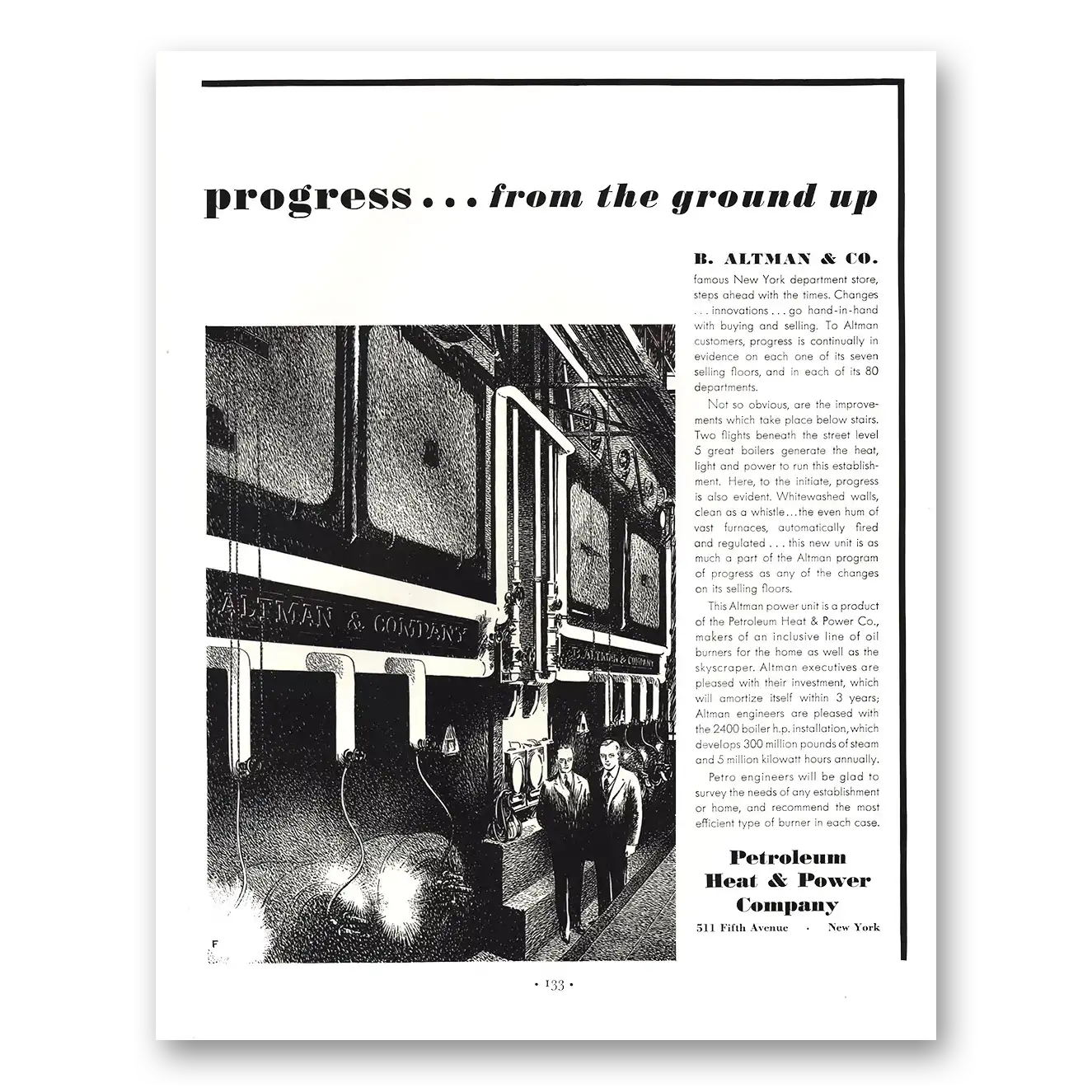 1935 Petroleum Heat & Power Progress From Ground Up B Altman Vintage Magazine Print Ad