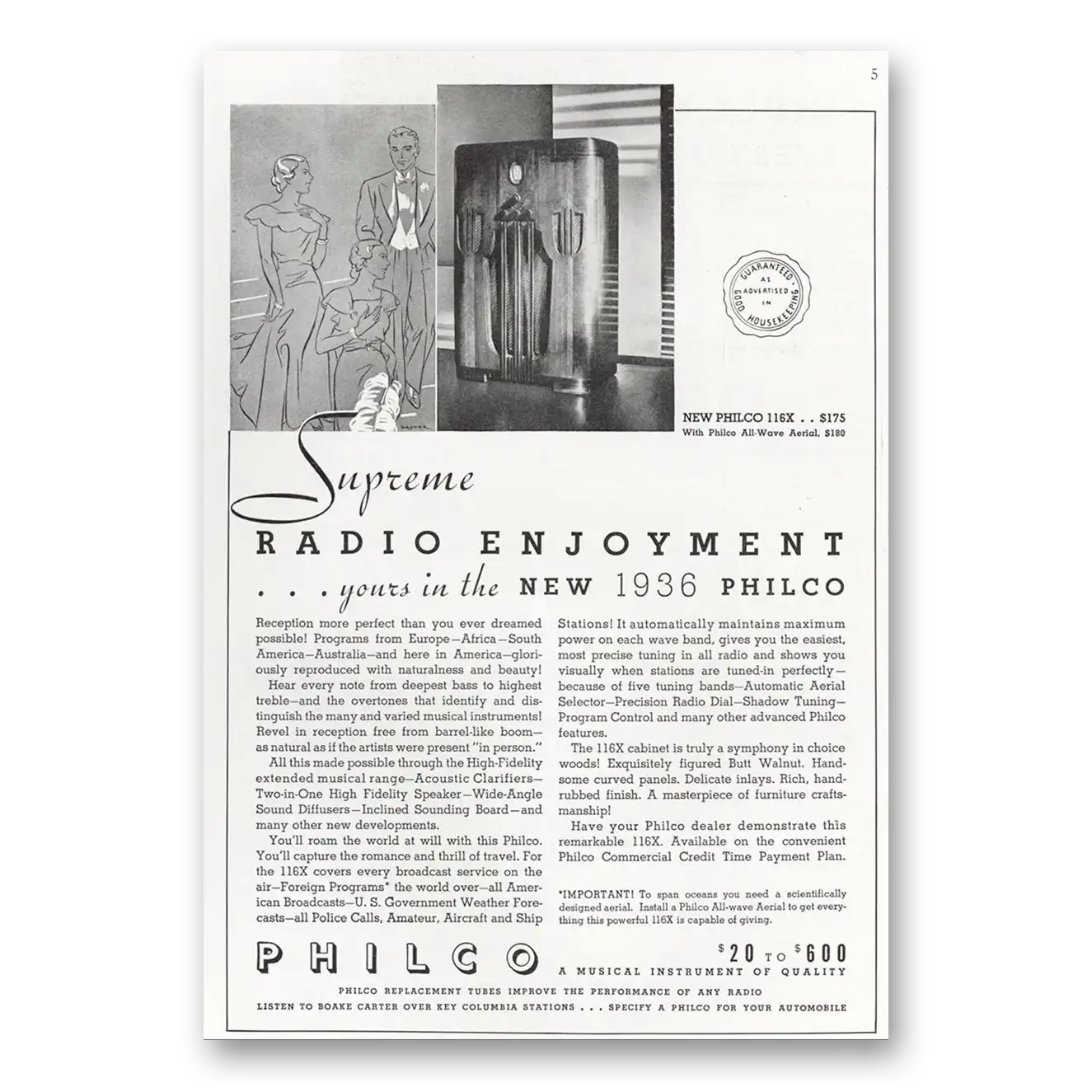 1935 Philco Radio Supreme Radio Enjoyment Vintage Magazine Print Ad