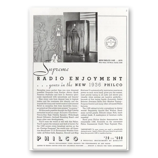 1935 Philco Radio Supreme Radio Enjoyment Vintage Magazine Print Ad