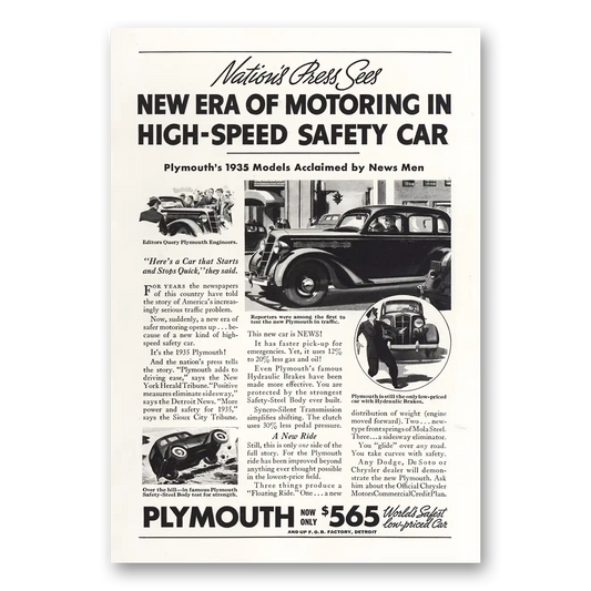 1935 Plymouth New Era of Motoring Vintage Magazine Print Ad