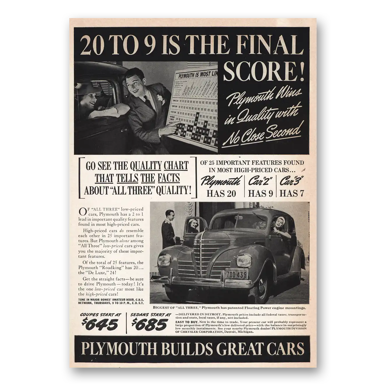 1939 Plymouth Final Score Vintage Magazine Print Ad