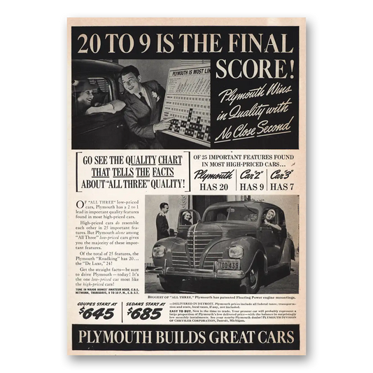 1939 Plymouth Final Score Vintage Magazine Print Ad