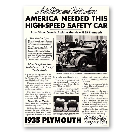 1935 Plymouth Auto Editors and Public Agree Vintage Magazine Print Ad