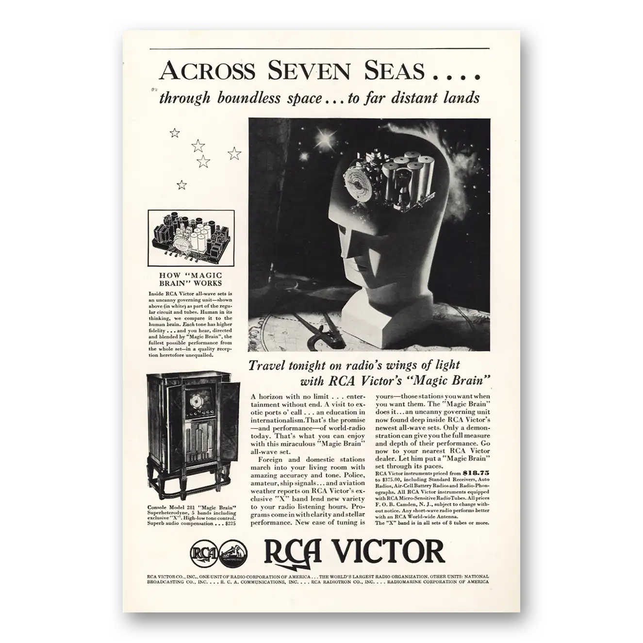 1935 RCA Victor Magic Brain Radio Across Seven Seas Boundless Space Vintage Magazine Print Ad