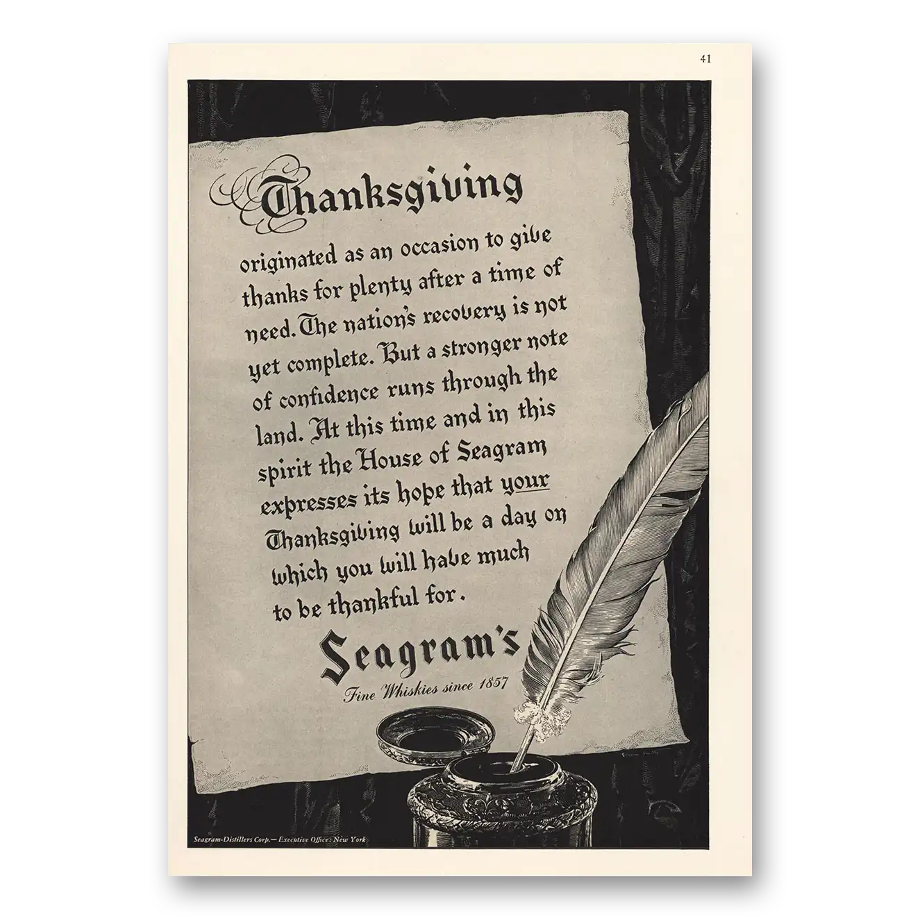 1935 Seagrams VO Whisky Thanksgiving Originated As An Occasion Vintage Magazine Print Ad