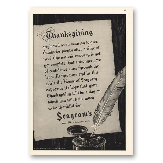 1935 Seagrams VO Whisky Thanksgiving Originated As An Occasion Vintage Magazine Print Ad