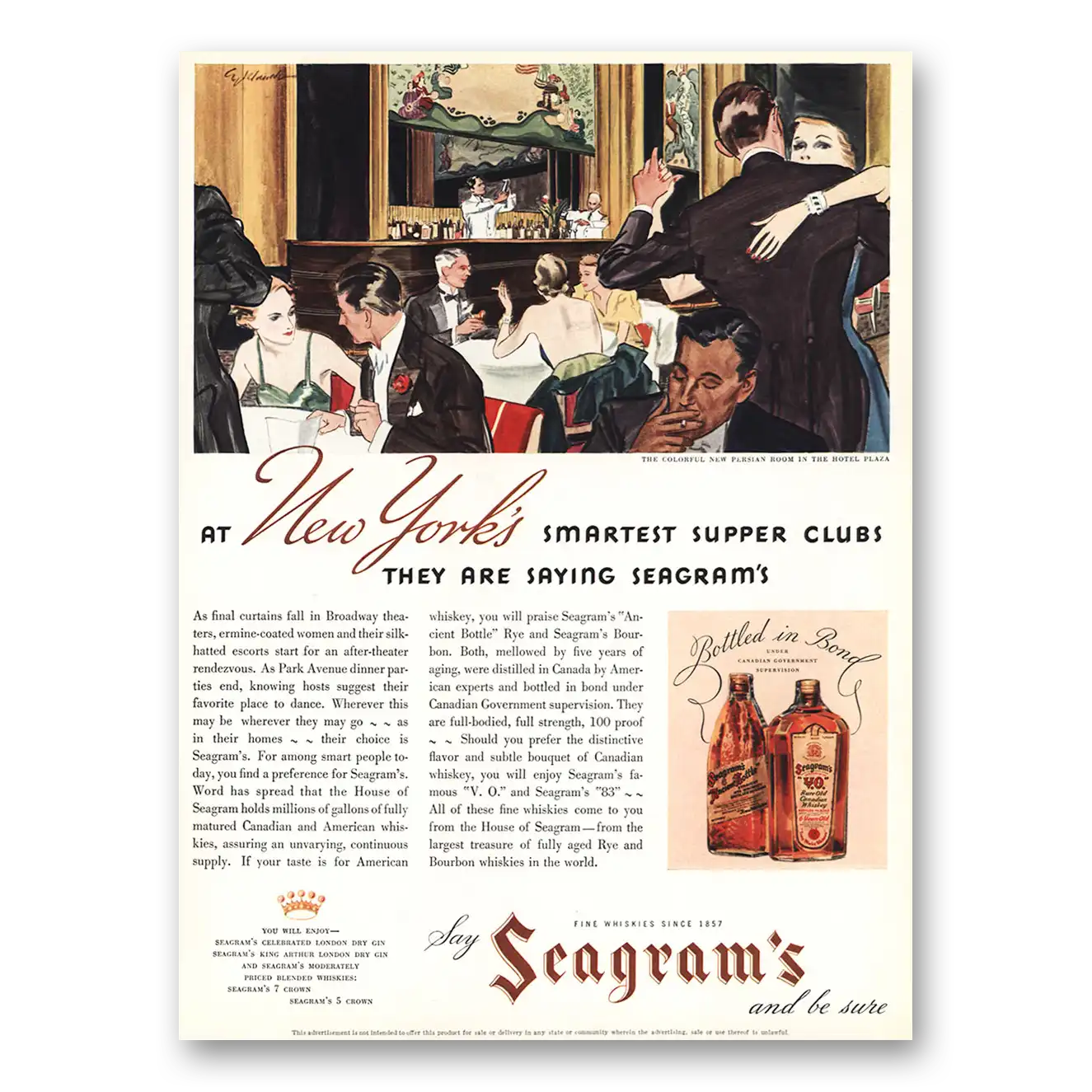 1935 Seagrams VO Whisky New Yorks Smartest Supper Clubs Vintage Magazine Print Ad