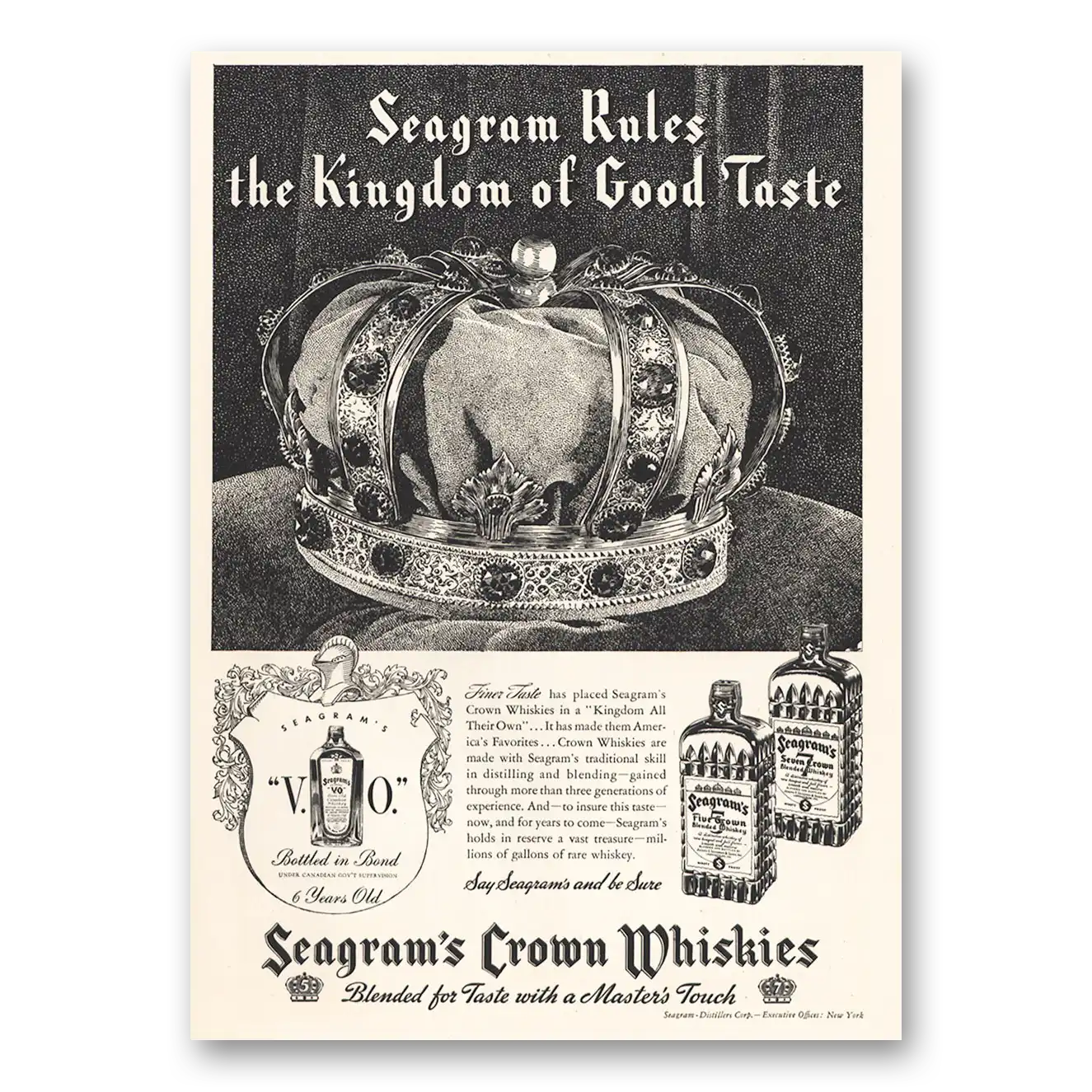 1935 Seagrams Crown Whiskies Kingdom of Good Taste Vintage Magazine Print Ad