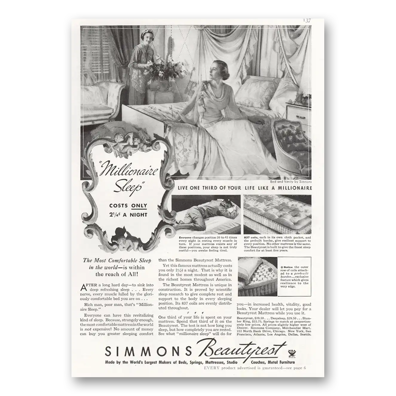 1935 Simmons Beautyrest Millionaire Sleep Vintage Magazine Print Ad