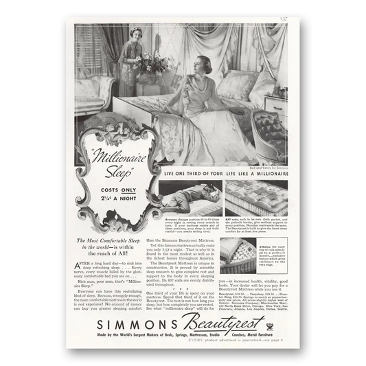 1935 Simmons Beautyrest Millionaire Sleep Vintage Magazine Print Ad