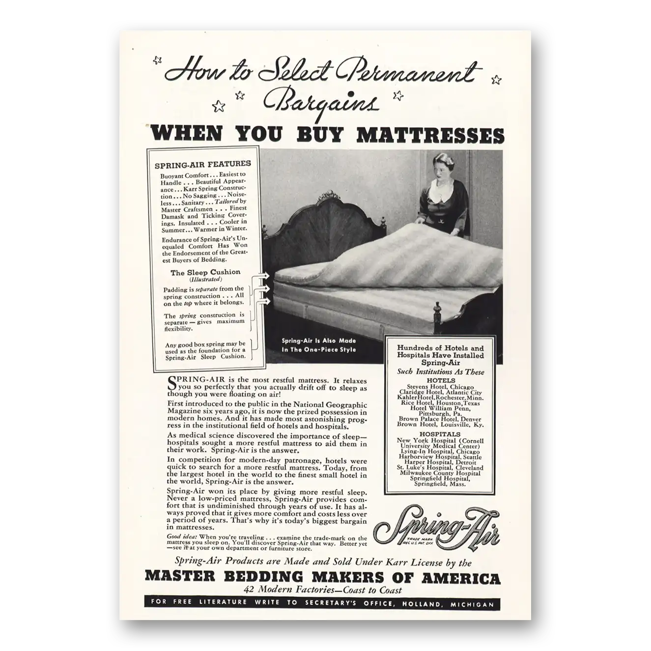 1935 Spring Air Mattress Select Permanent Bargains Vintage Magazine Print Ad