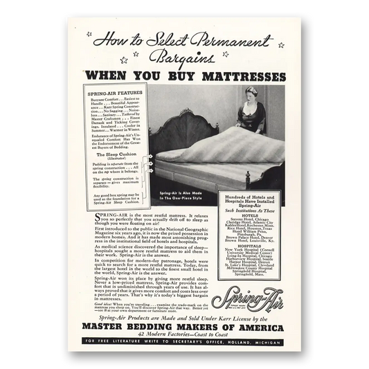 1935 Spring Air Mattress Select Permanent Bargains Vintage Magazine Print Ad