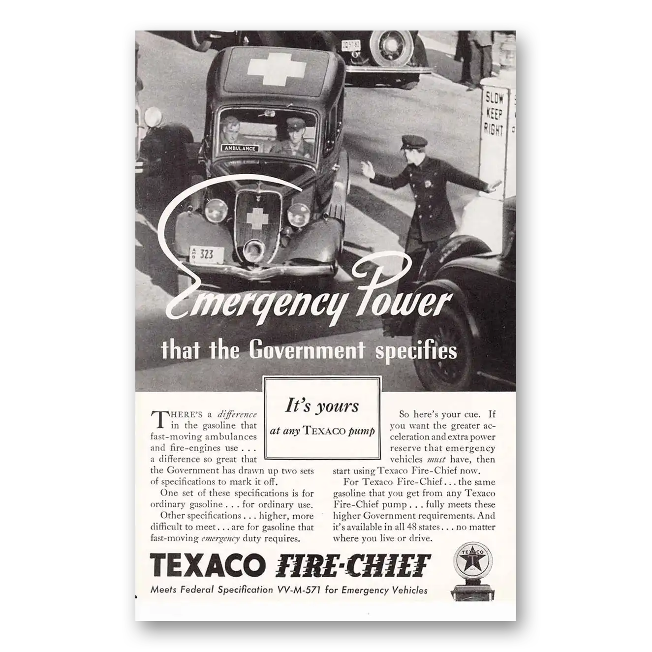 1935 Texaco Fire Chief Gasoline Emergency Power that the Government Specifies Vintage Magazine Print Ad