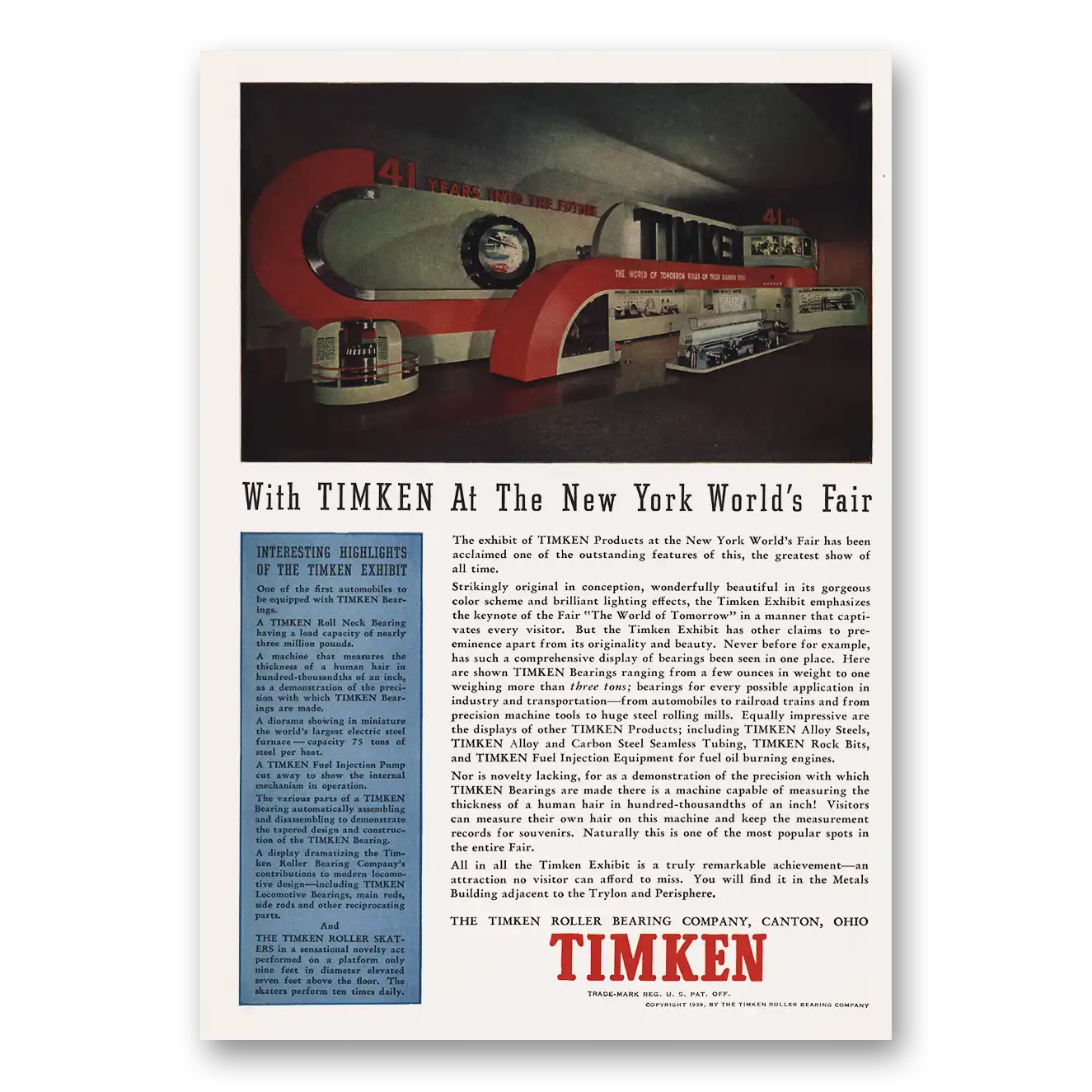 1939 Timken Roller Bearings Worlds Fair Vintage Magazine Print Ad