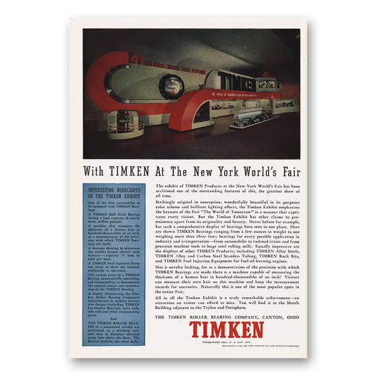 1939 Timken Roller Bearings Worlds Fair Vintage Magazine Print Ad