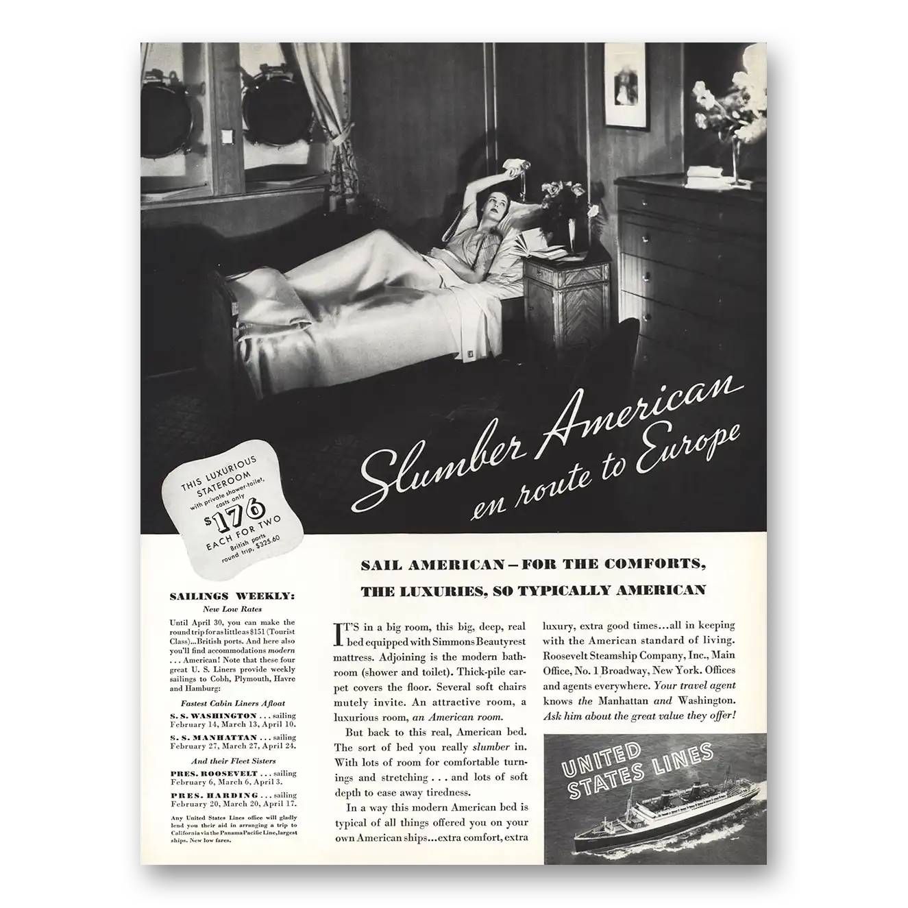 1935 United States Lines Slumber American en Route to Europe Vintage Magazine Print Ad