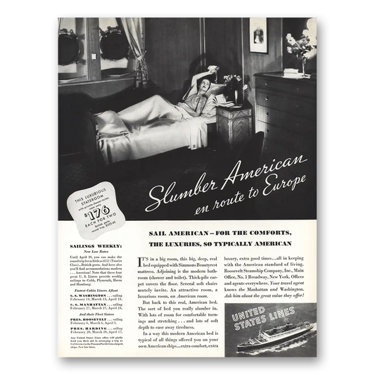 1935 United States Lines Slumber American en Route to Europe Vintage Magazine Print Ad