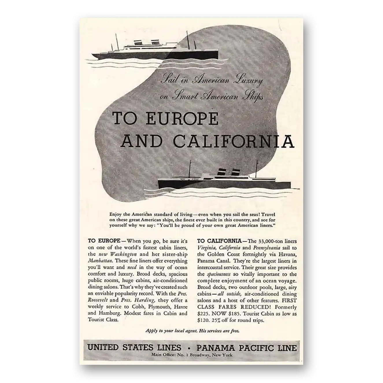 1935 United States Lines Panama Pacific Line Vintage Magazine Print Ad