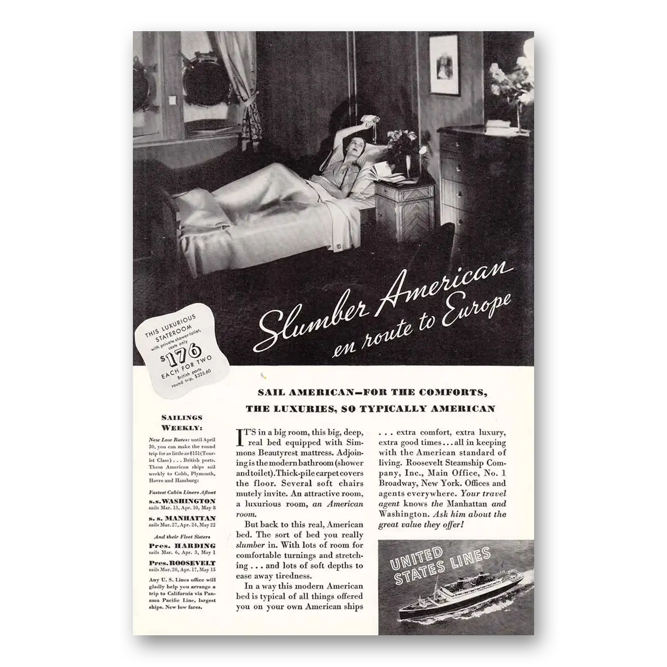 1935 United States Lines Slumber American en Route to Europe Vintage Magazine Print Ad