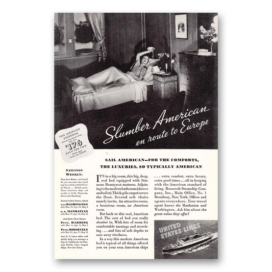 1935 United States Lines Slumber American en Route to Europe Vintage Magazine Print Ad