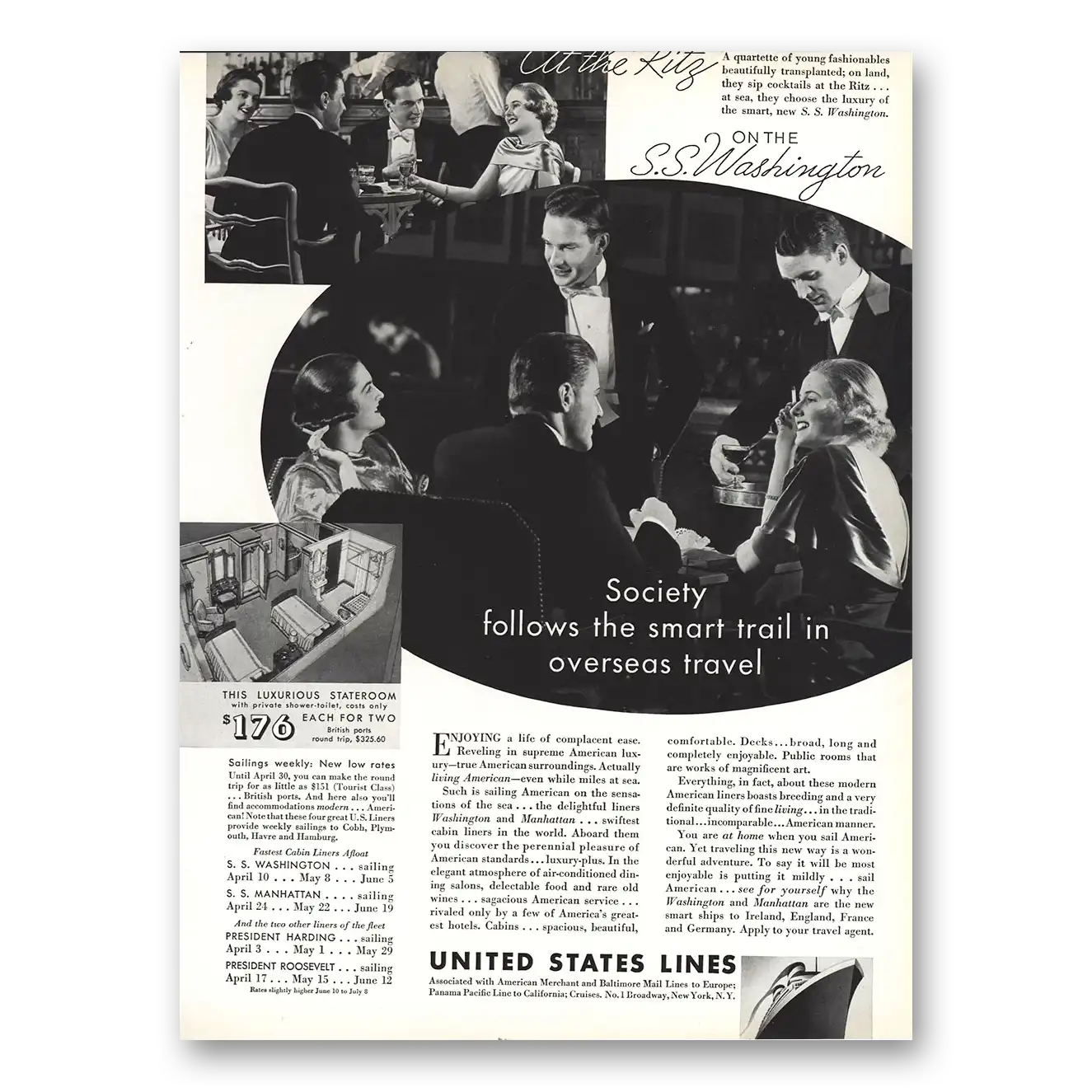 1935 United States Lines Society Follows the Smart Trail Vintage Magazine Print Ad