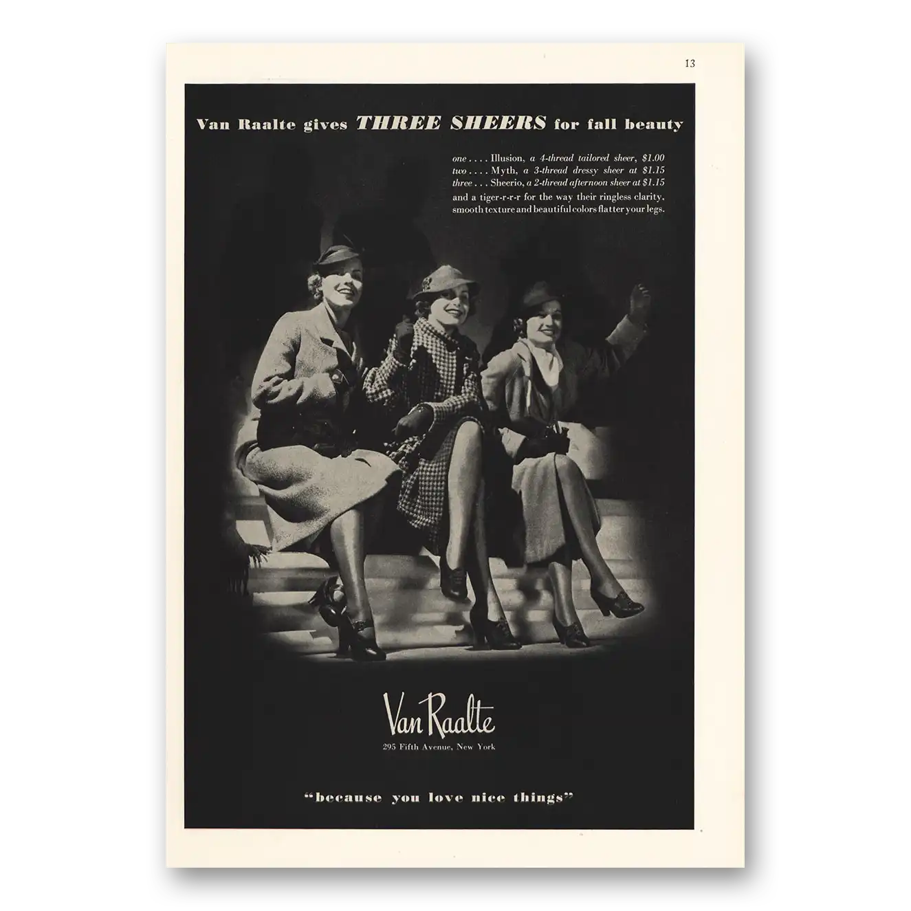 1935 Van Raalte Nylons Three Sheers for Fall Beauty Vintage Magazine Print Ad