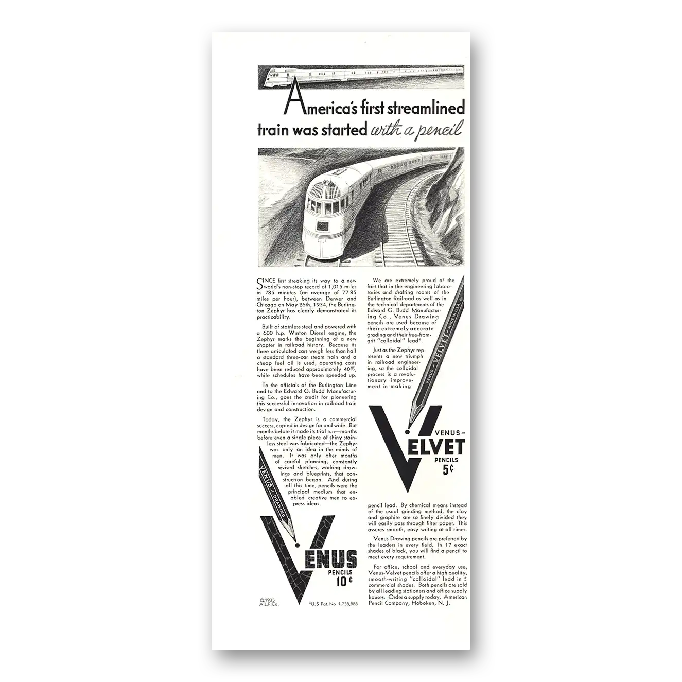 1935 Venus Pencils First Streamlined Train Started With Pencil Vintage Magazine Print Ad