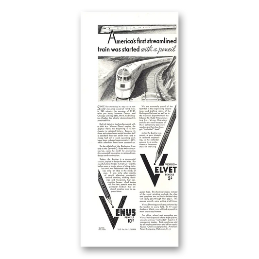 1935 Venus Pencils First Streamlined Train Started With Pencil Vintage Magazine Print Ad