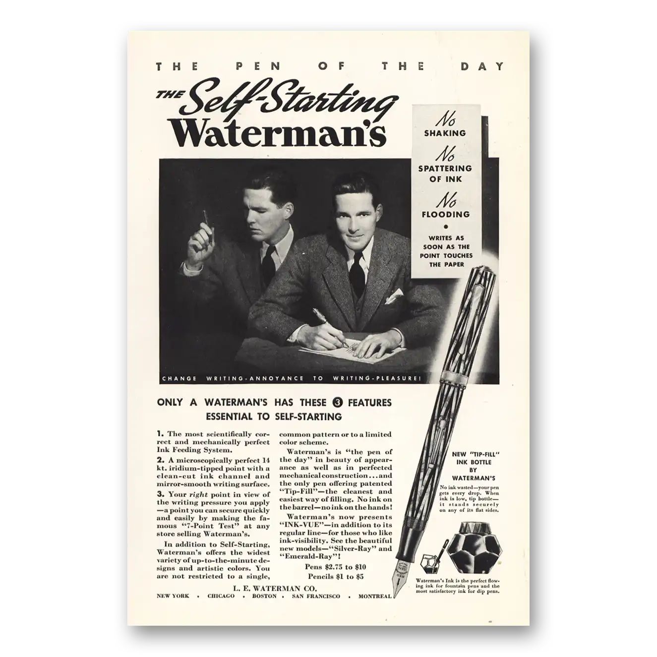 1935 Watermans Pen Pen of the Day Self Starting Vintage Magazine Print Ad