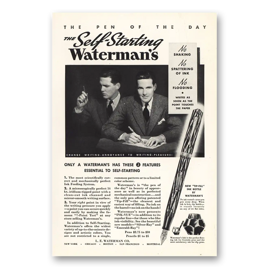 1935 Watermans Pen Pen of the Day Self Starting Vintage Magazine Print Ad