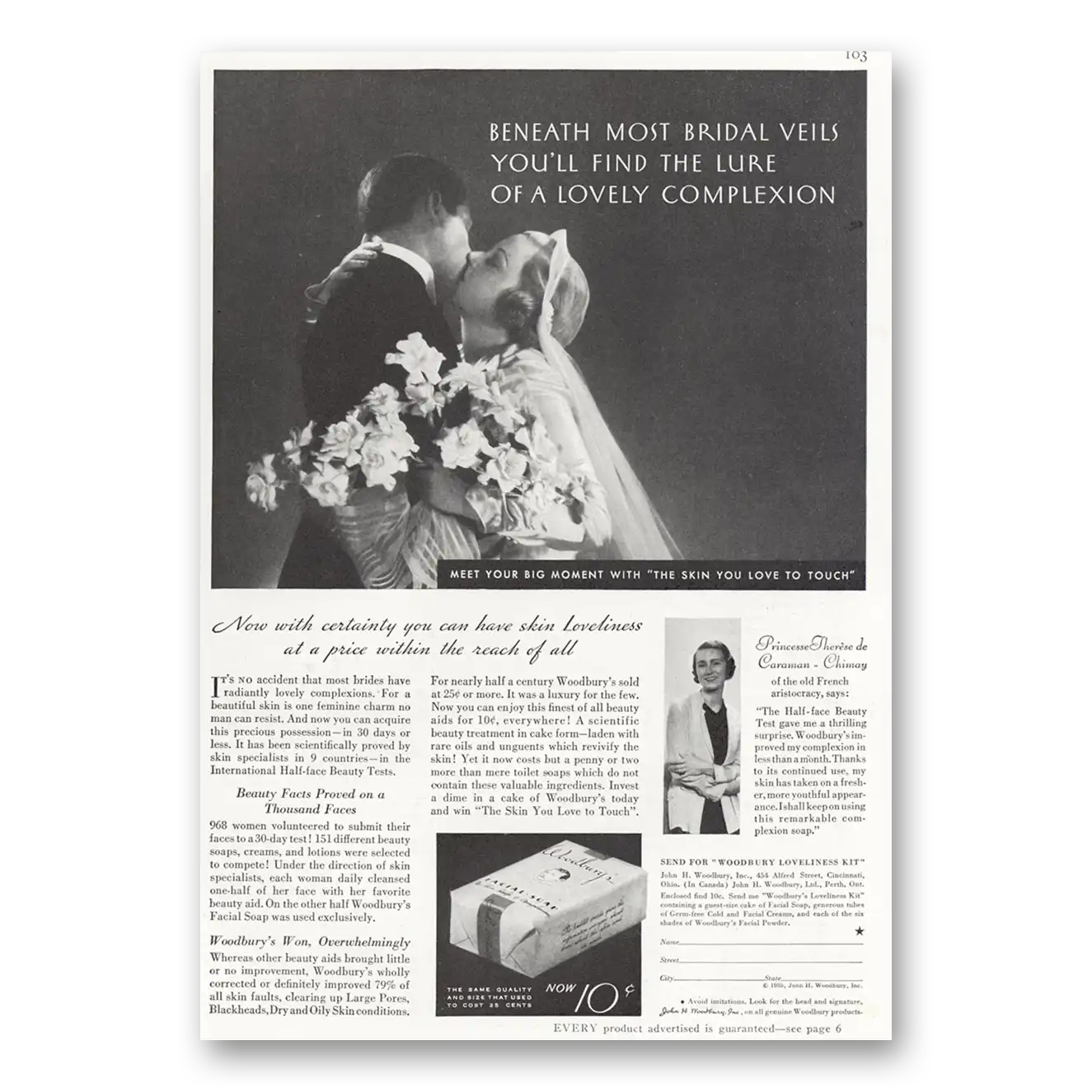 1935 Woodbury Facial Soap Beneath Most Bridal Veils Vintage Magazine Print Ad