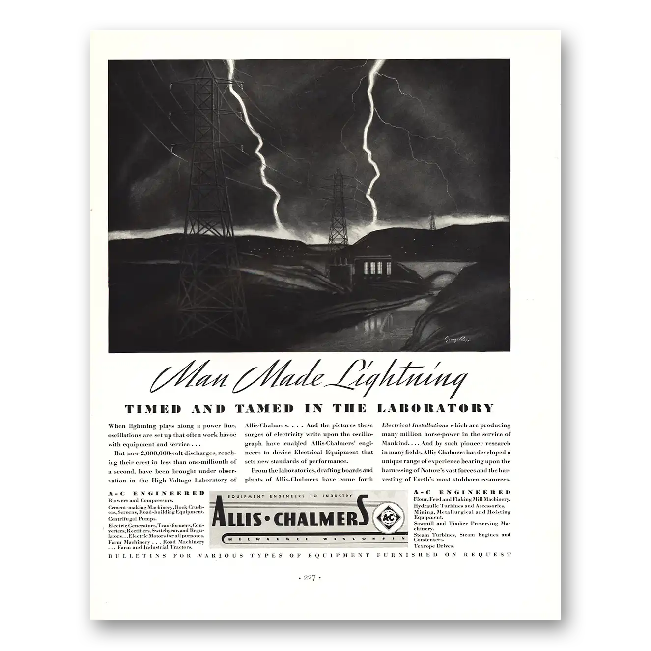 1936 Allis Chalmers Man Made Lightning Vintage Magazine Print Ad