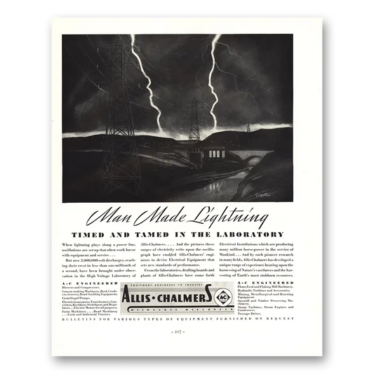 1936 Allis Chalmers Man Made Lightning Vintage Magazine Print Ad