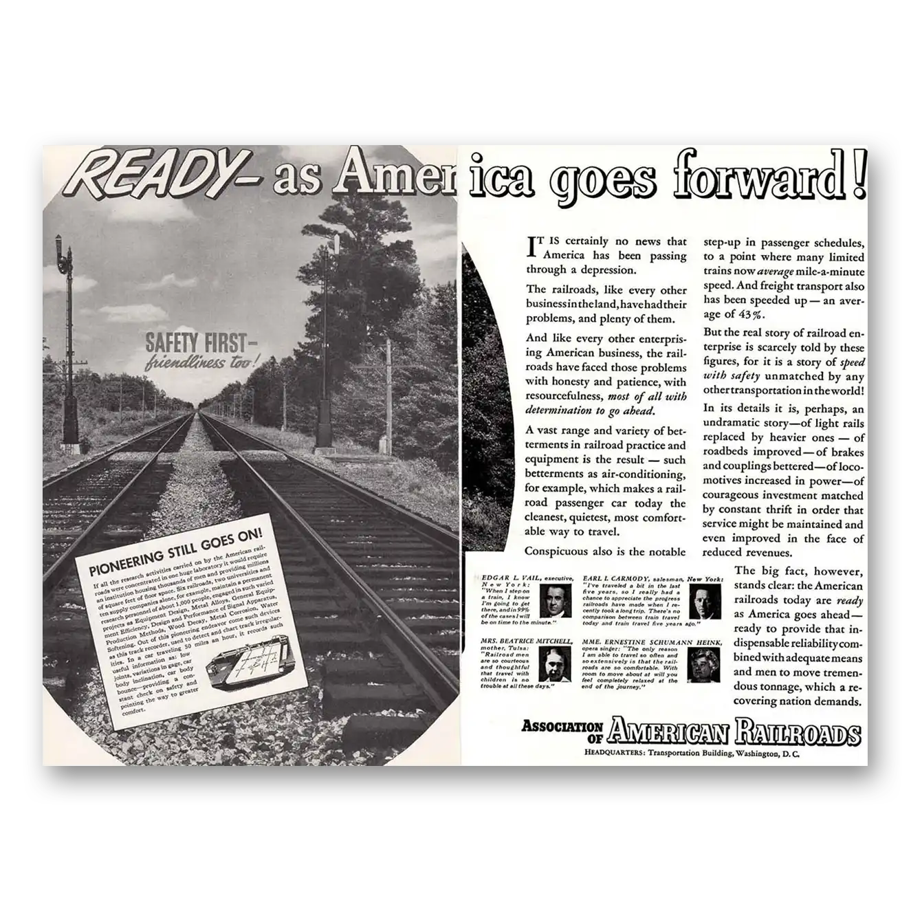 1936 Association of American Railroads Ready as America Goes Forward Vintage Magazine Print Ad