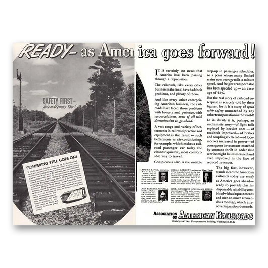 1936 Association of American Railroads Ready as America Goes Forward Vintage Magazine Print Ad