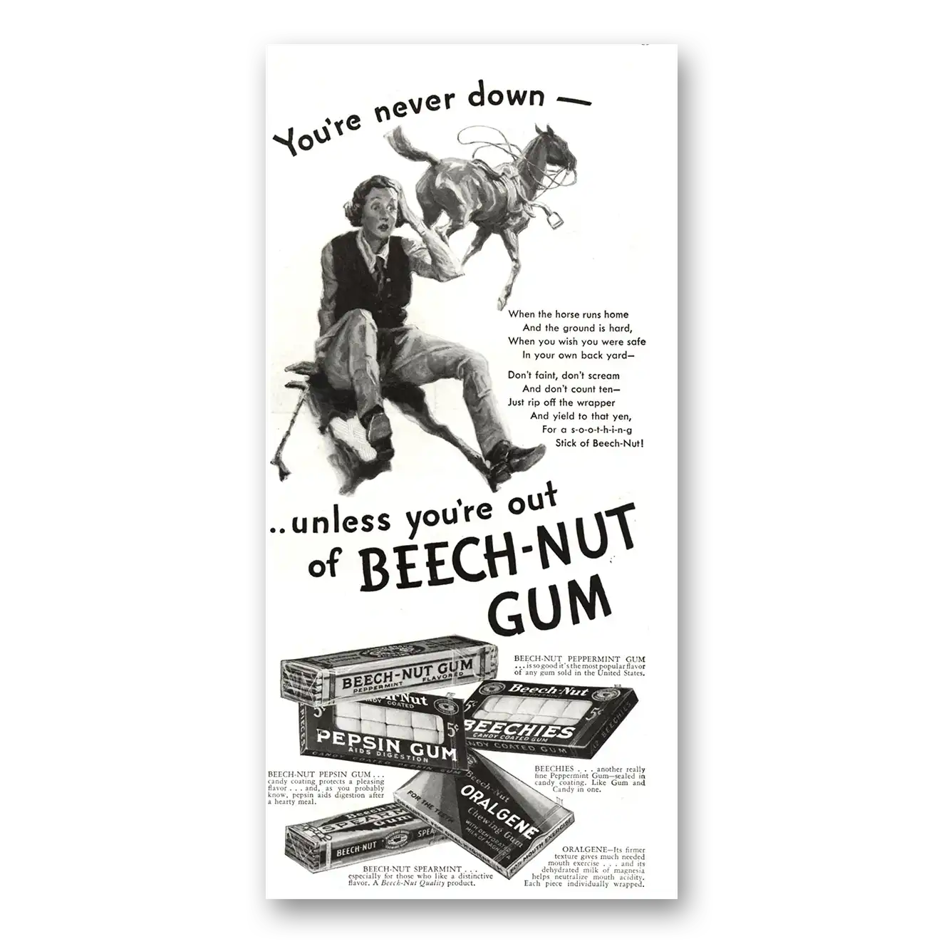 1936 Beech Nut Gum Never Down Unless You're Out Vintage Magazine Print Ad